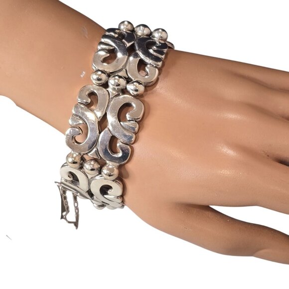 Vintage MWS Mexico Chunky 92g Sterling Silver Bracelet With Security Chain - Picture 2 of 5